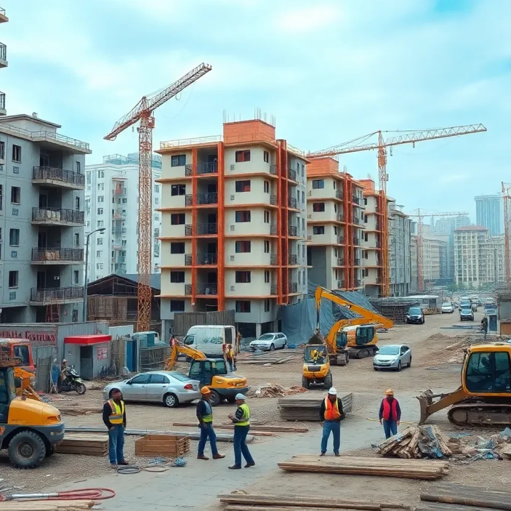 Busy construction site with workers and machines