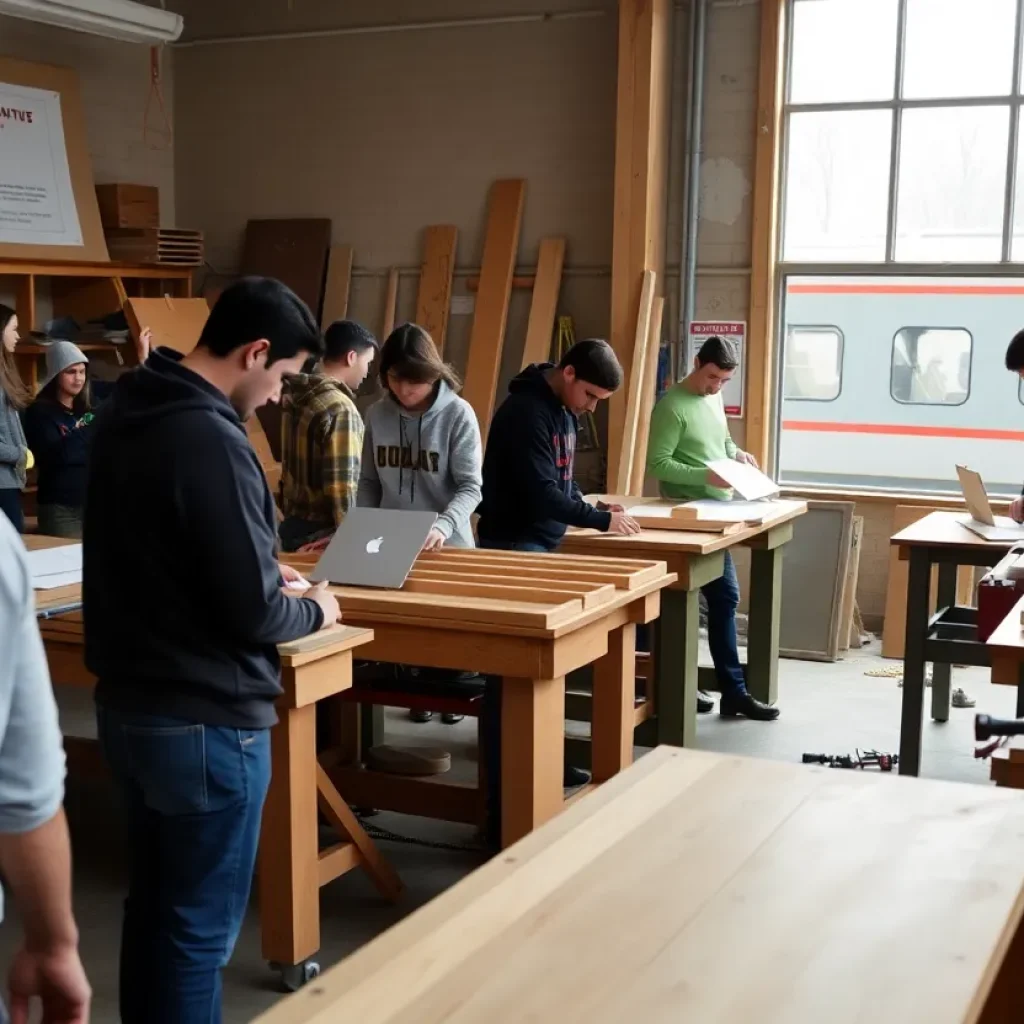 Trainees and instructors in a carpentry workshop with tools and a train visible outside