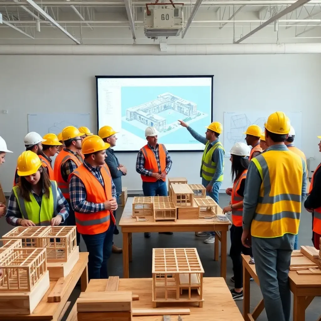Diverse trainees in hard hats practicing carpentry and viewing a BIM model during a construction training workshop