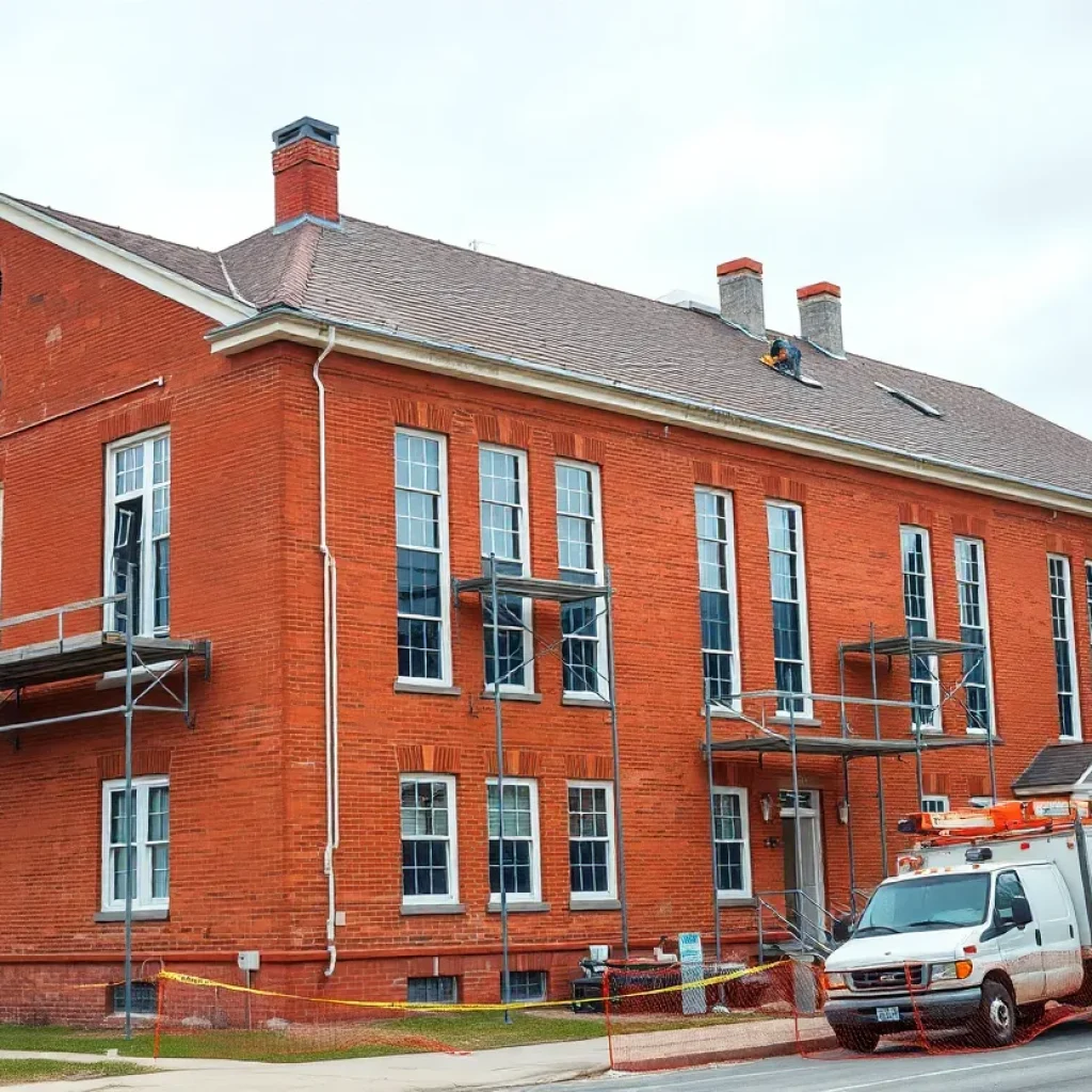 Historic Cooley School building with scaffolding and construction equipment during exterior masonry and roof work