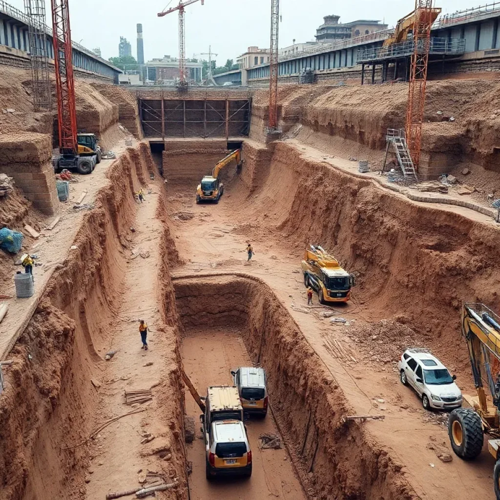 Overview of a construction site with large machinery and workers on the D Line project in Los Angeles.