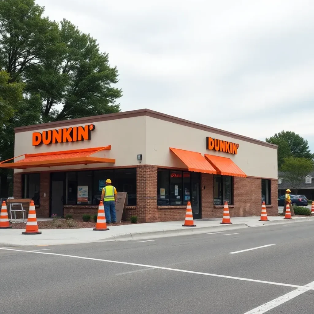 Exterior view of former childcare building being converted into a Dunkin restaurant with drive-thru, shared-use path and streetscape work