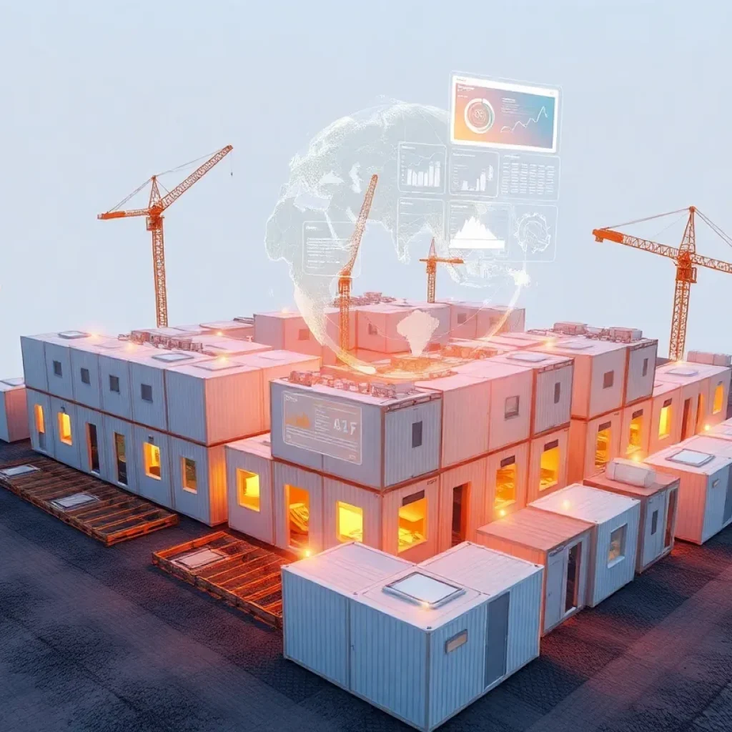 Digital twin overlay showing BIM models, IoT sensors and GIS mapping over relocatable modular buildings