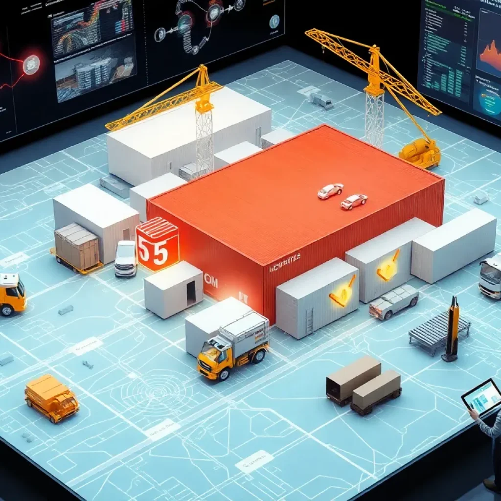 3D digital twin overlay on a relocatable modular building site with GIS map and IoT data icons