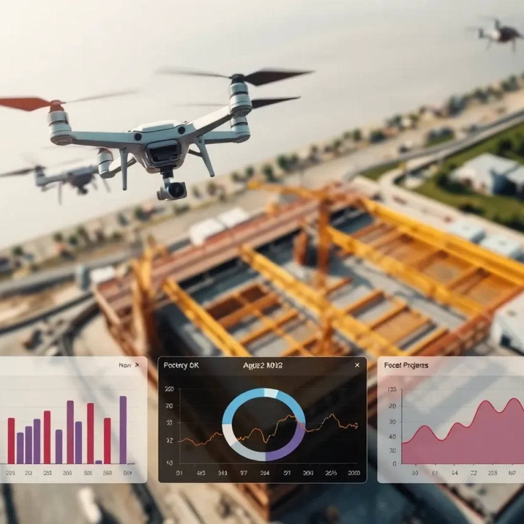 Aerial view of a construction site with drones and progress tracking interface.