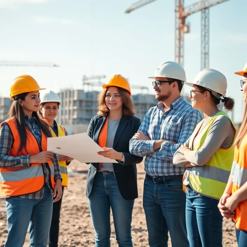 Construction team collaborating on a project management task.