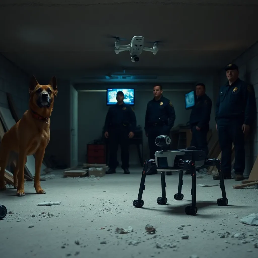Police K-9 and four-legged robotic dog searching a cluttered basement during a burglary response