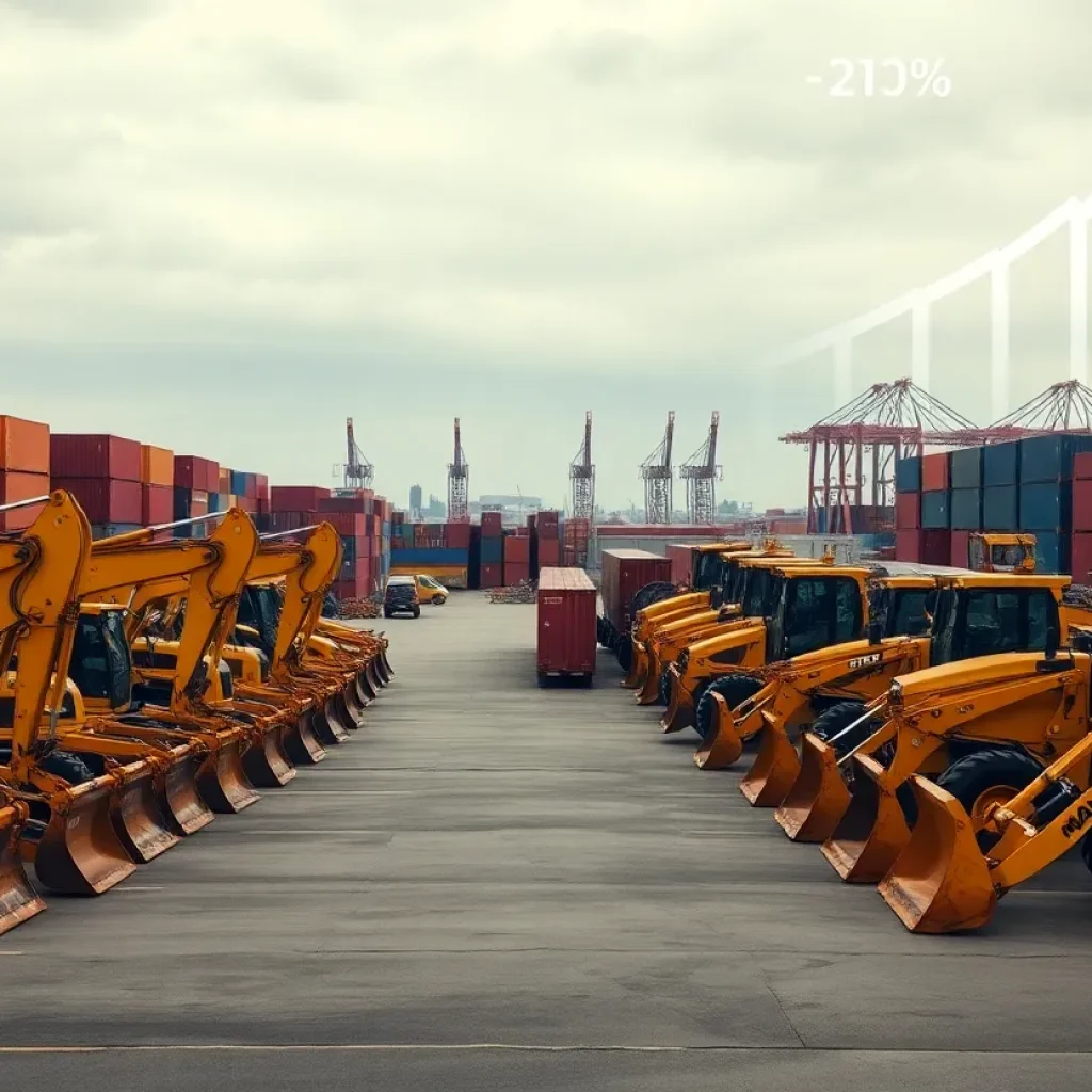 Heavy equipment dealer lot with excavators, loaders and shipping containers indicating tariff-driven market pressure