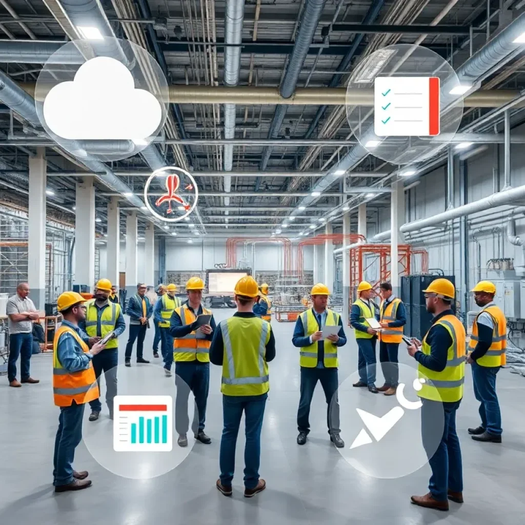 Construction site interior with MEP systems and project teams using tablets showing cloud dashboards for operational readiness tracking.