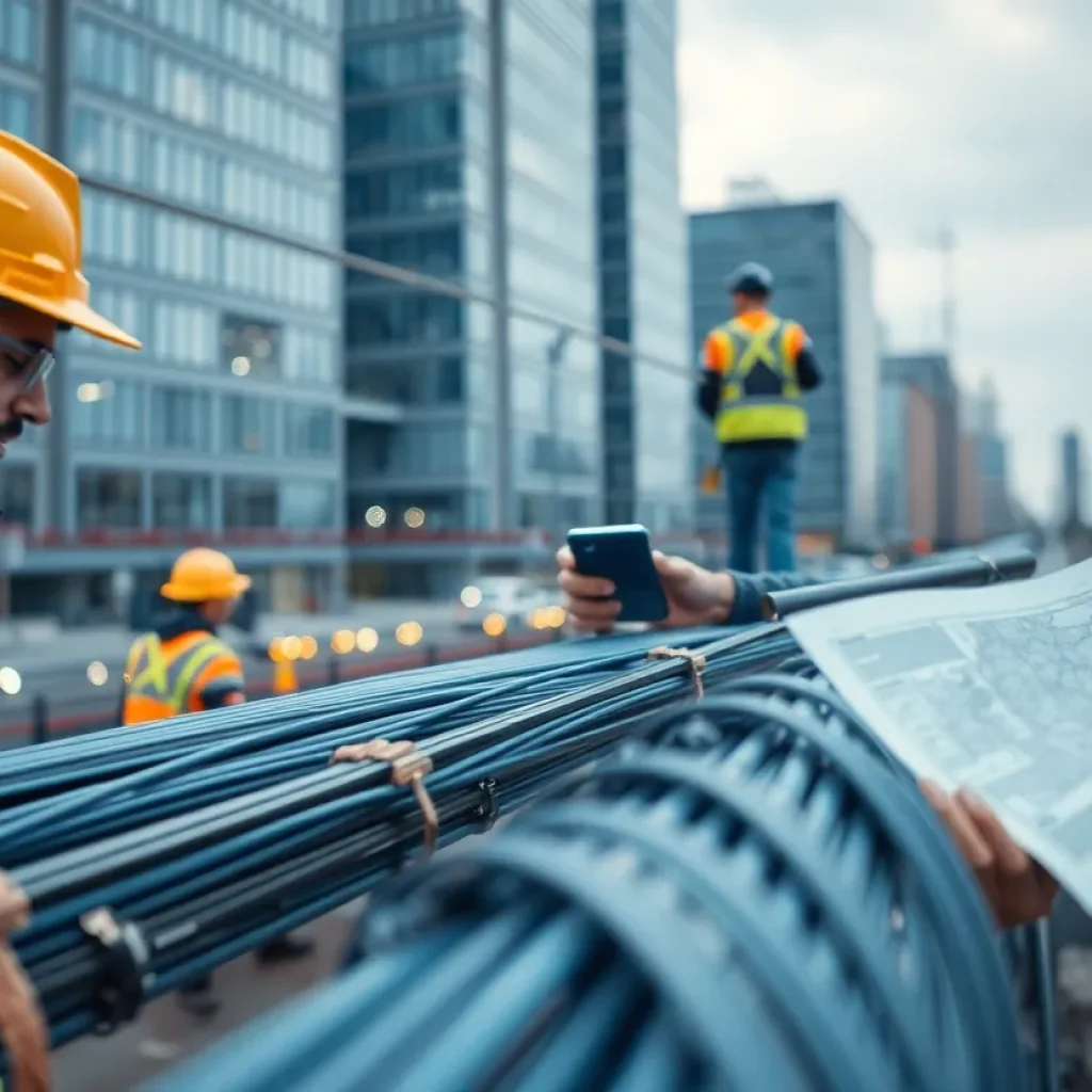 Workers installing fiber optic cables in an urban environment.