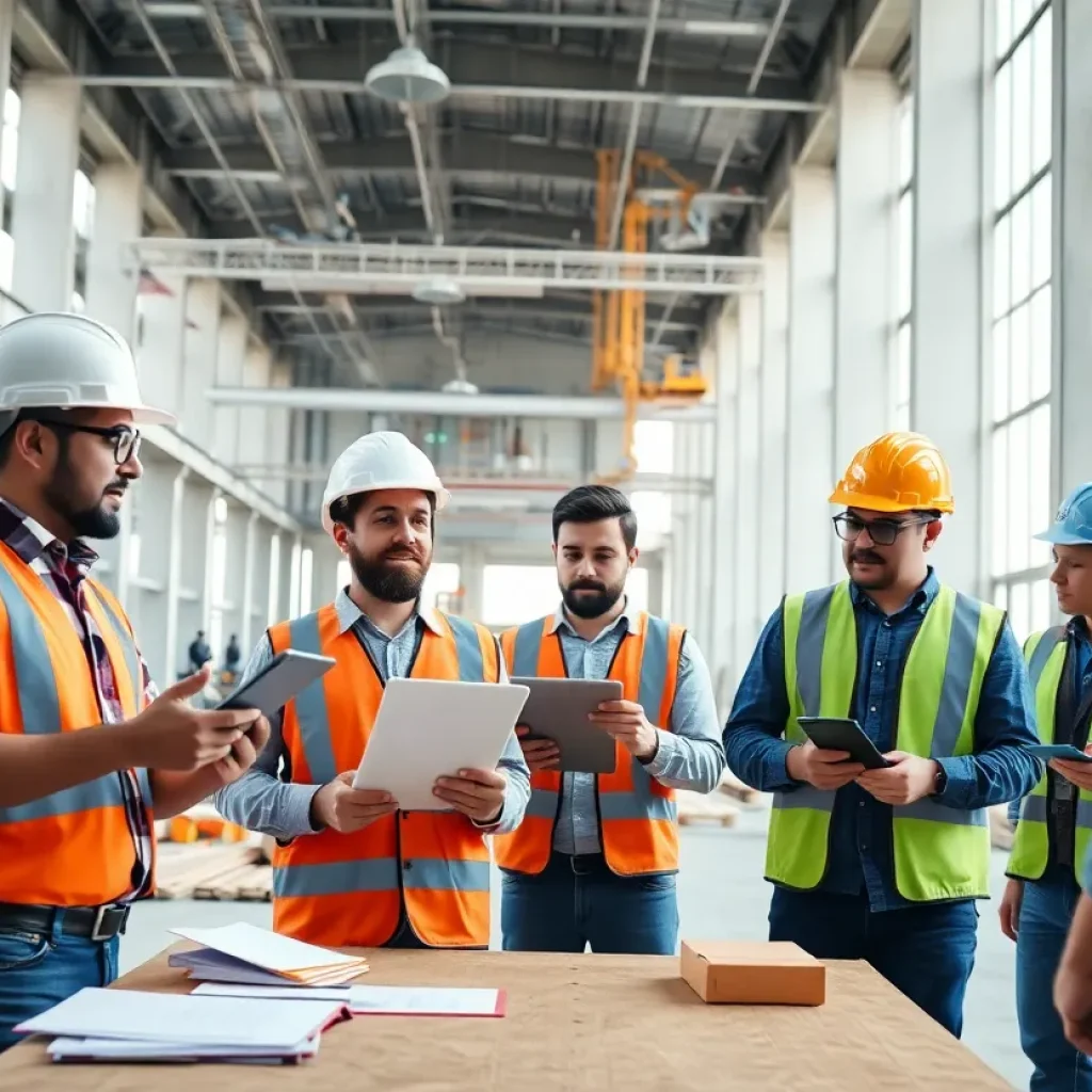 Construction site with diverse team using technology for effective project management