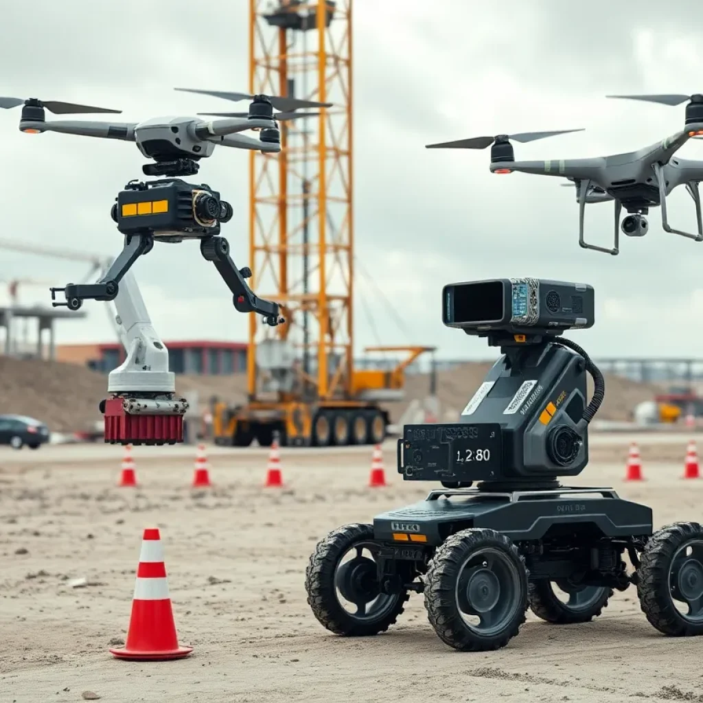 Autonomous mobile robot with manipulator and BIM overlays scanning a construction jobsite