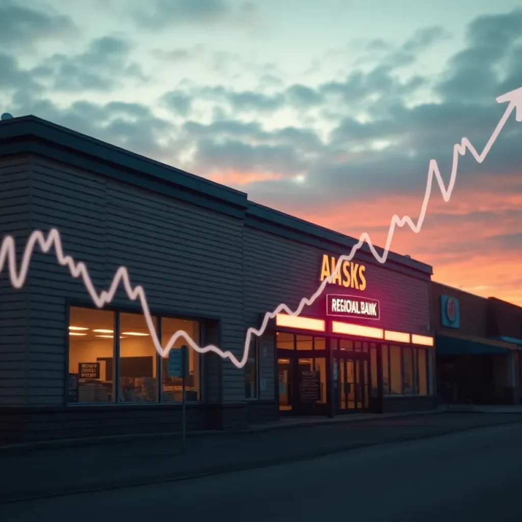 Regional Alaskan bank exterior with a rising stock chart overlay and a low-volume indicator