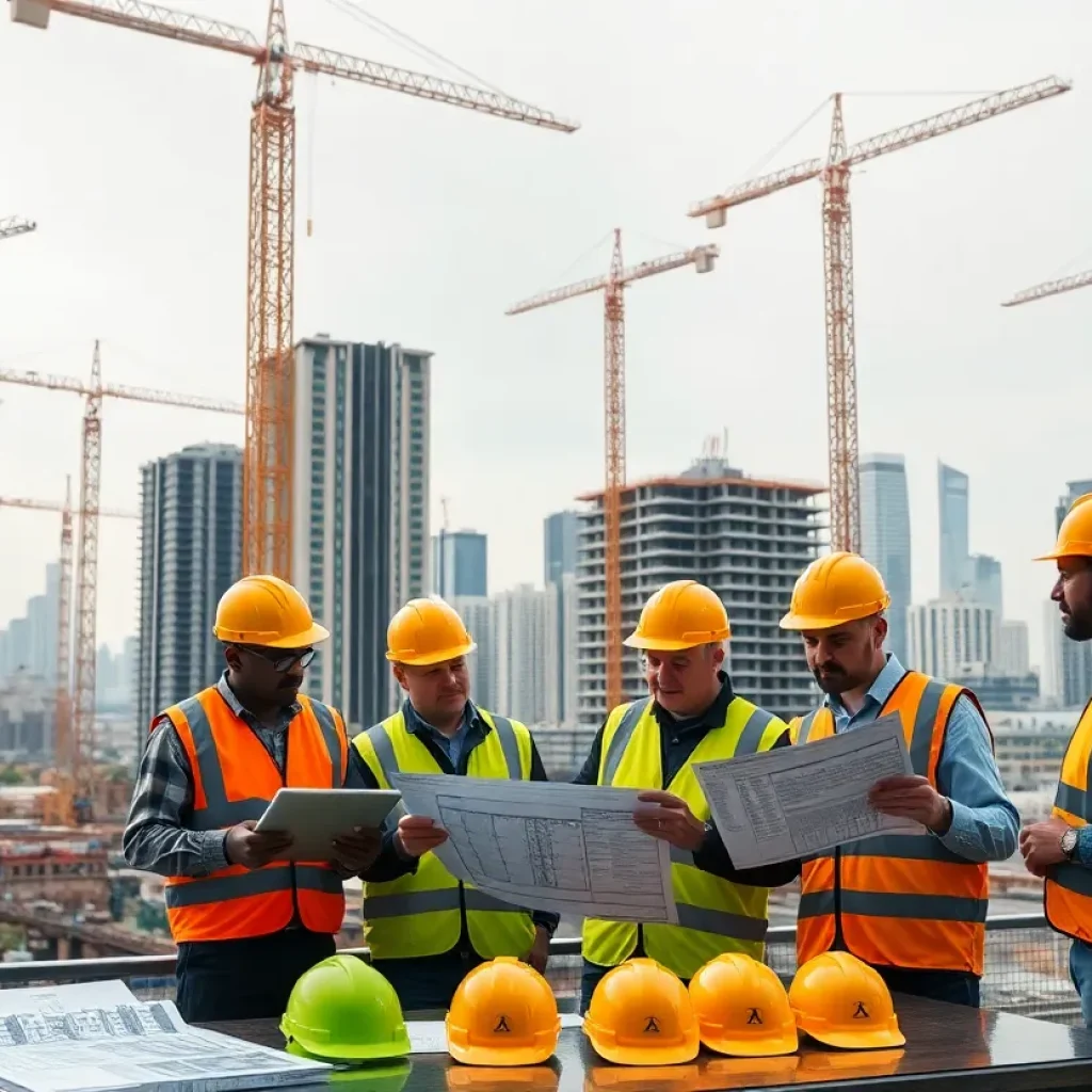 Construction site with cranes, project teams reviewing plans and digital schedules representing construction management firms