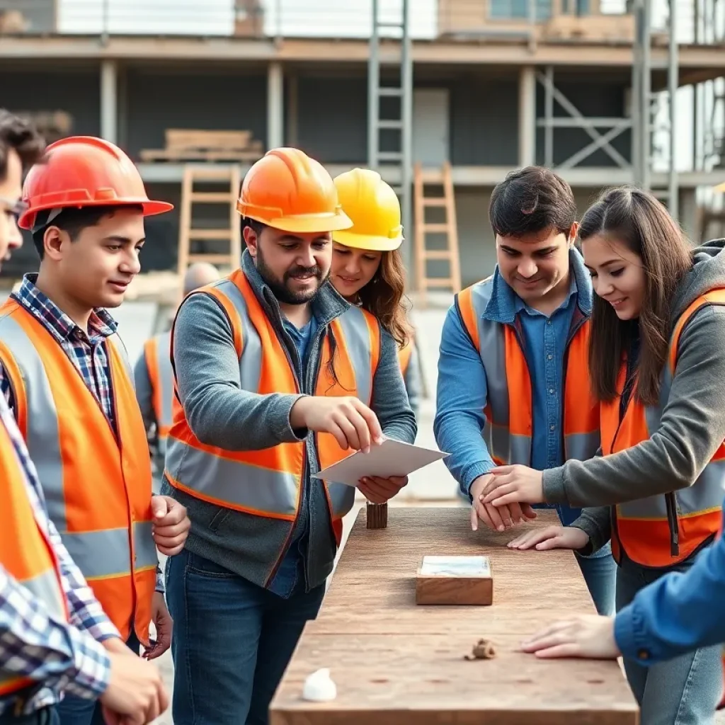 Students collaborating on a construction project