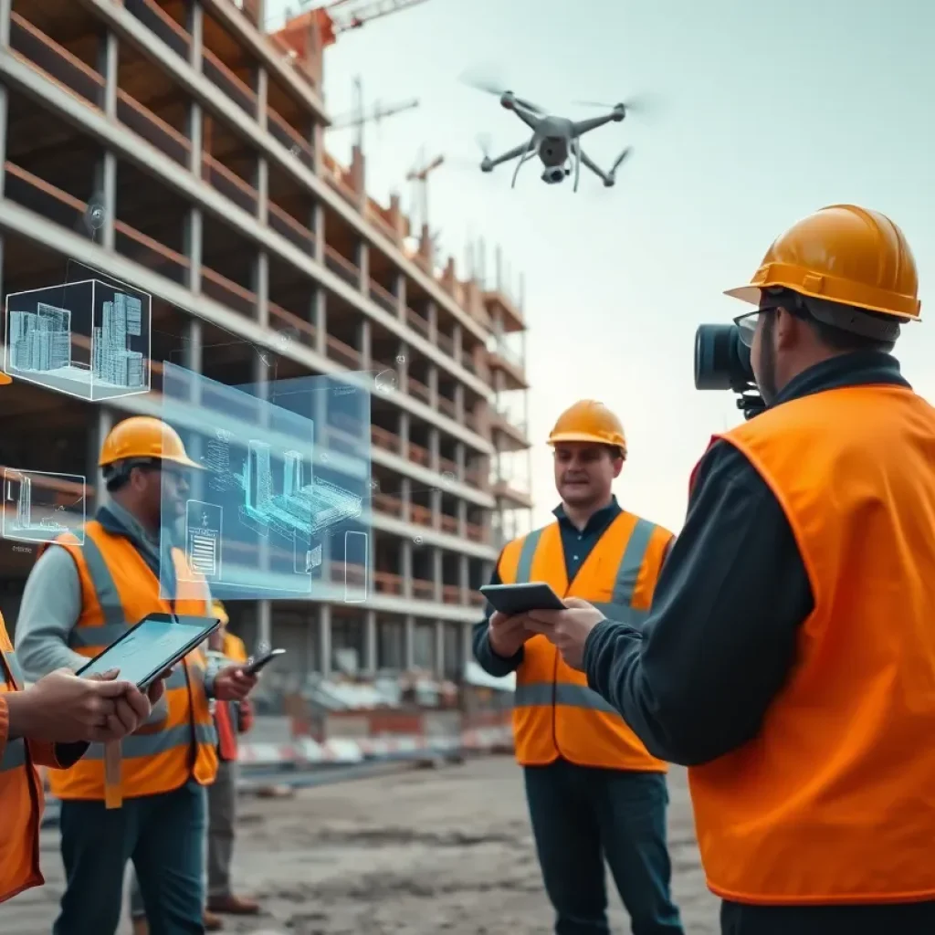 Construction site with workers using tablets, AR overlays, a drone, and laser scanning equipment