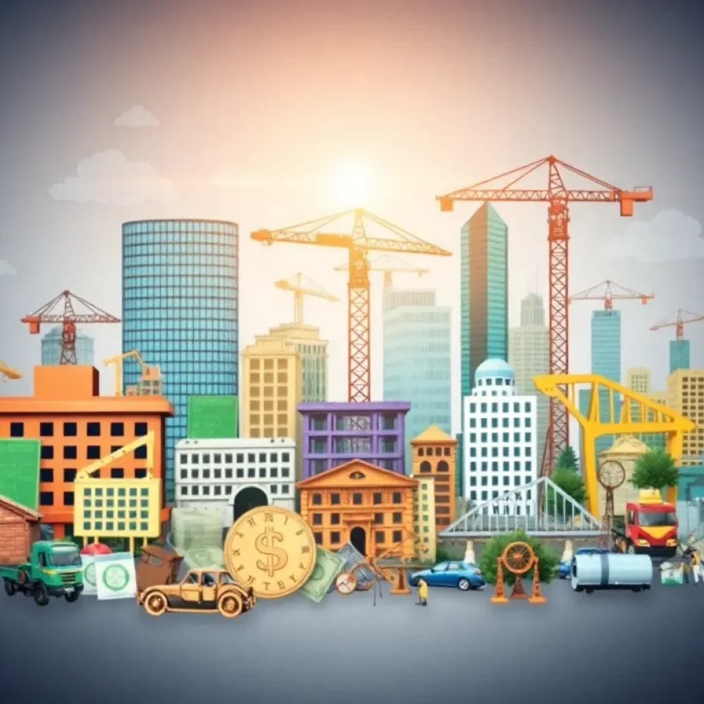 Visual representation of high-growth stocks featuring finance, construction, and infrastructure symbols.