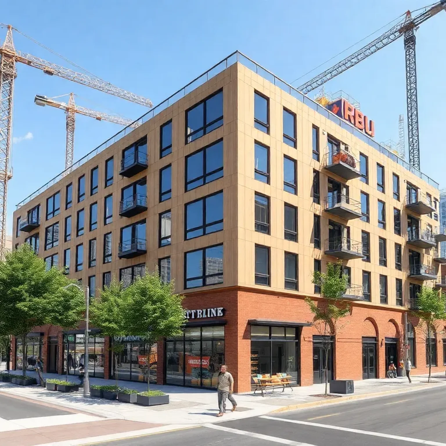 Rendering of a 16-story mixed-use apartment building under construction with ground-floor retail and tree-lined sidewalks in Hoboken