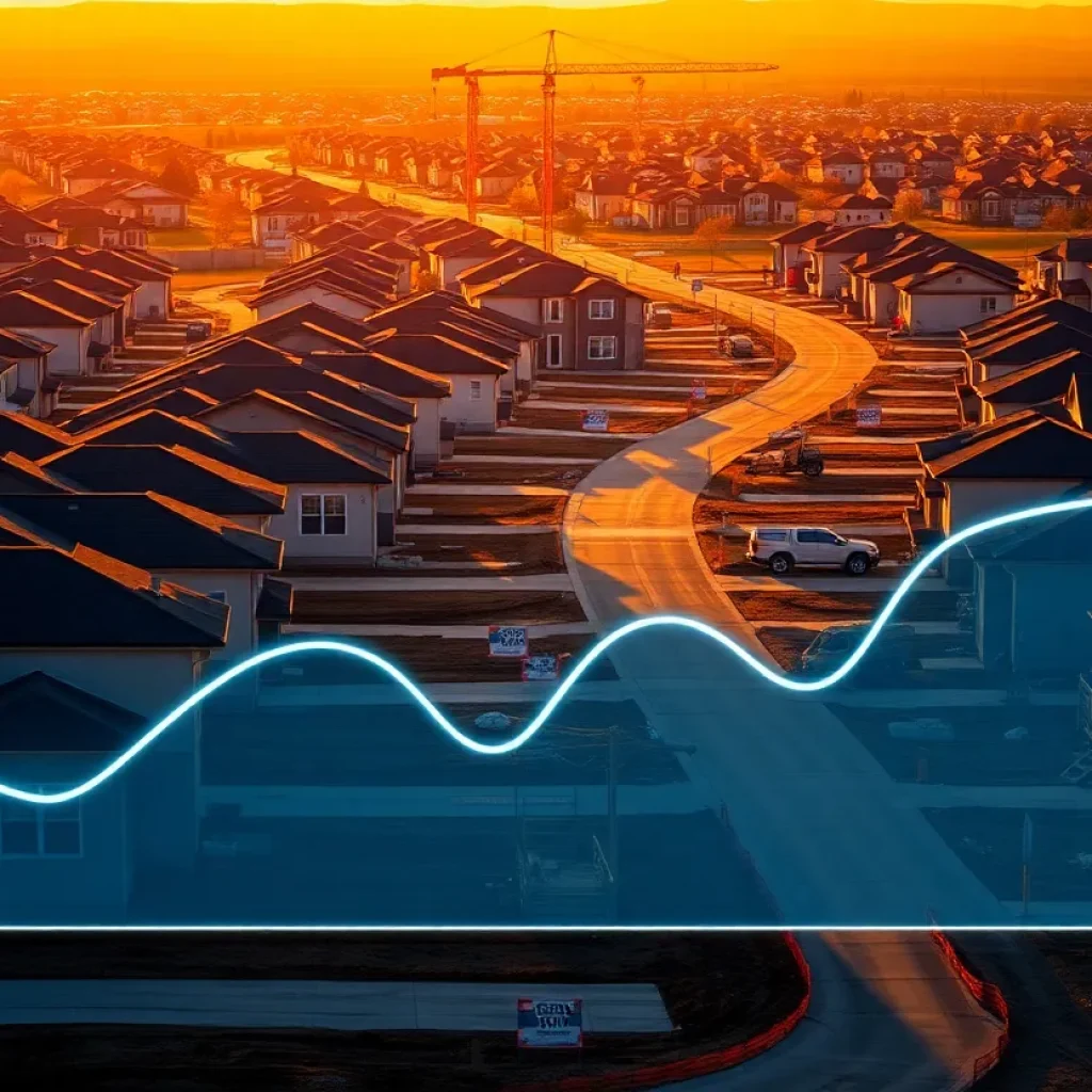 Suburban new-home construction with cranes, for-sale signs and a subtle financial overlay representing mortgage and bond trends