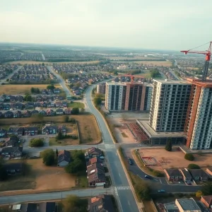 Aerial view showing suburban lots beside apartment construction with cranes and building materials