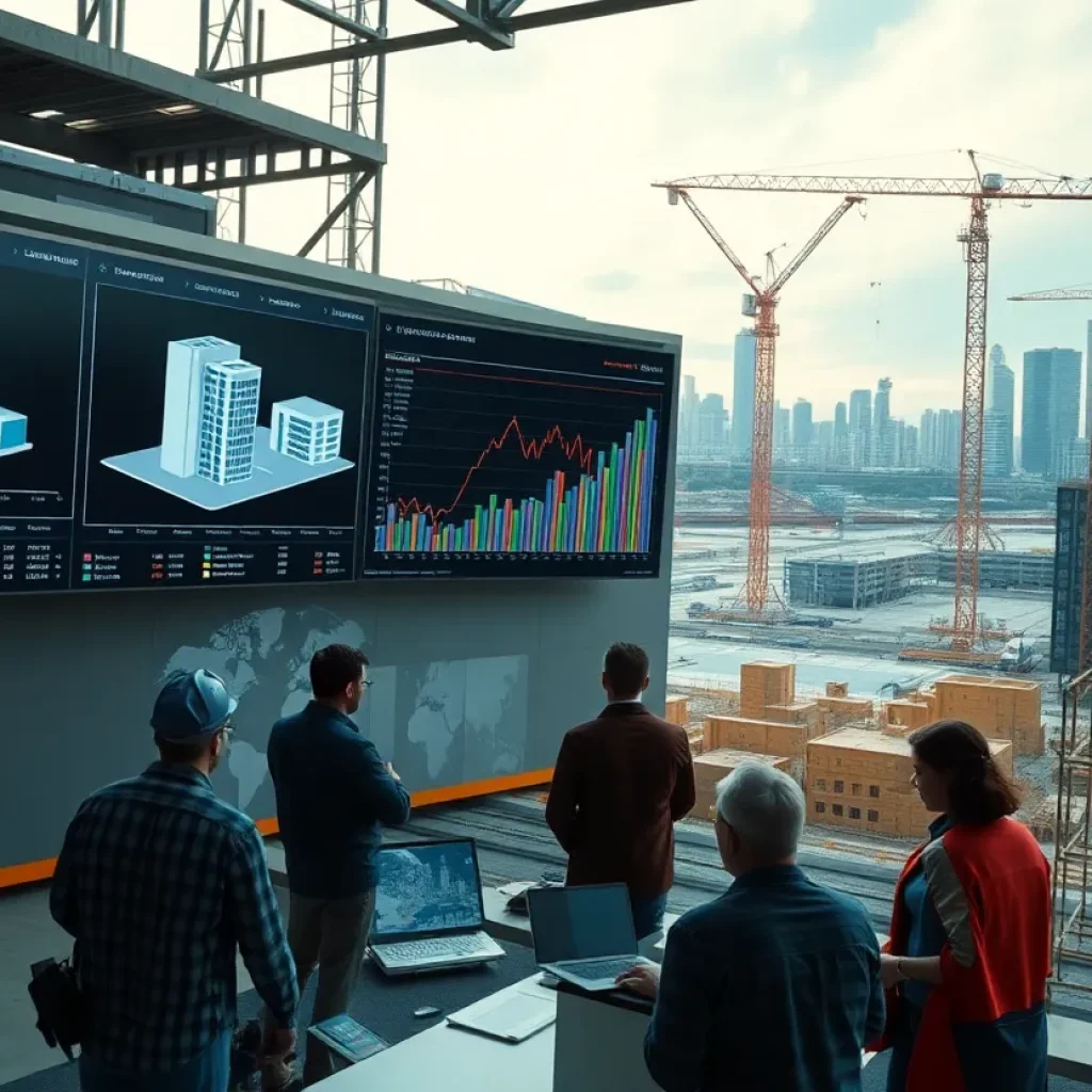 Construction professionals viewing 3D BIM models with cost and schedule overlays on digital screens at a construction site