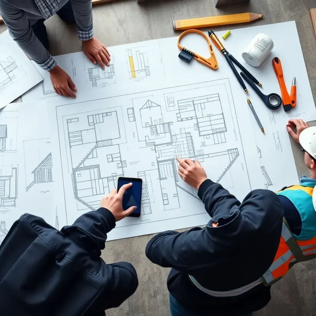 Construction workers collaborating on architectural designs with blueprints and tools.