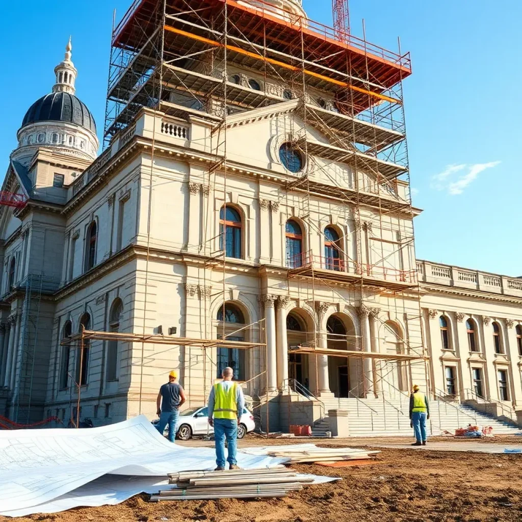 Construction site of Kentucky State Capitol renovation with scaffolding