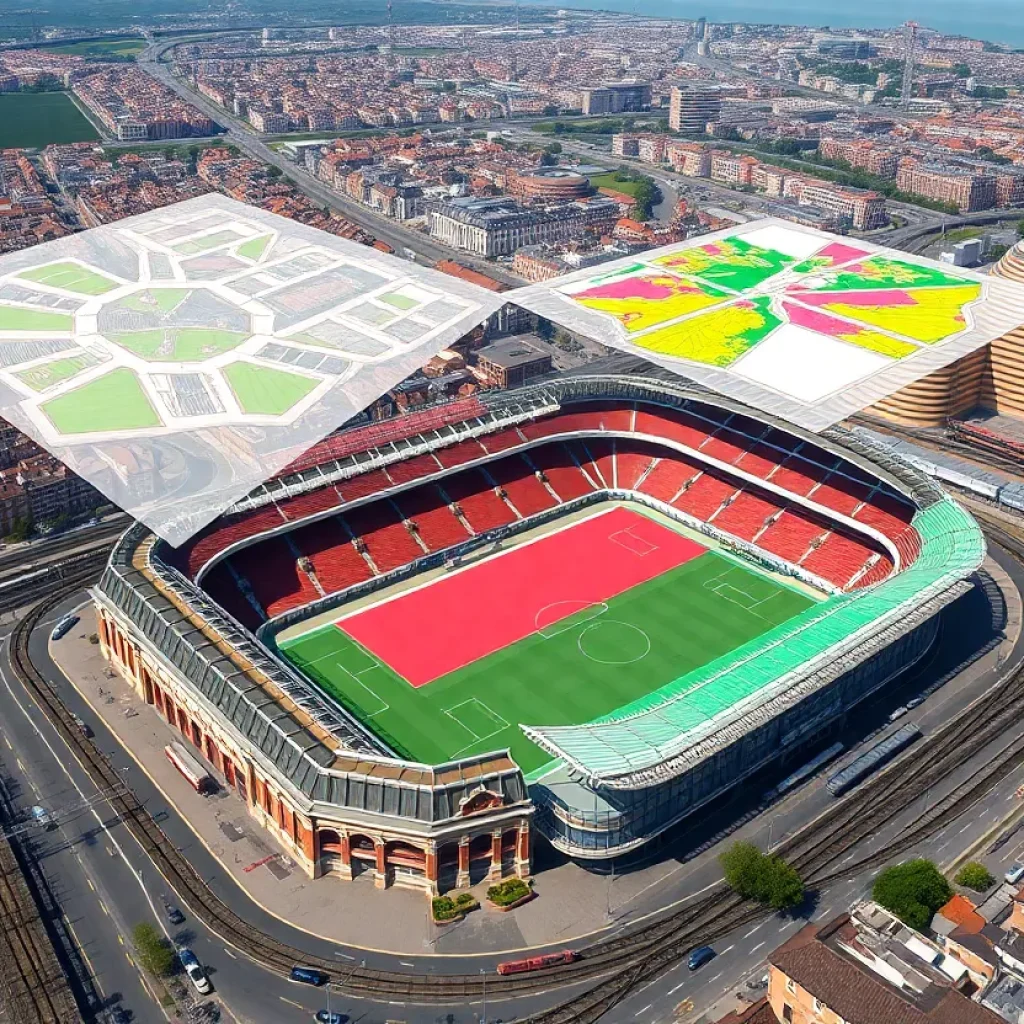 Architectural visualization of a new Kop stand with GIS and BIM overlays at a historic stadium in an urban neighborhood
