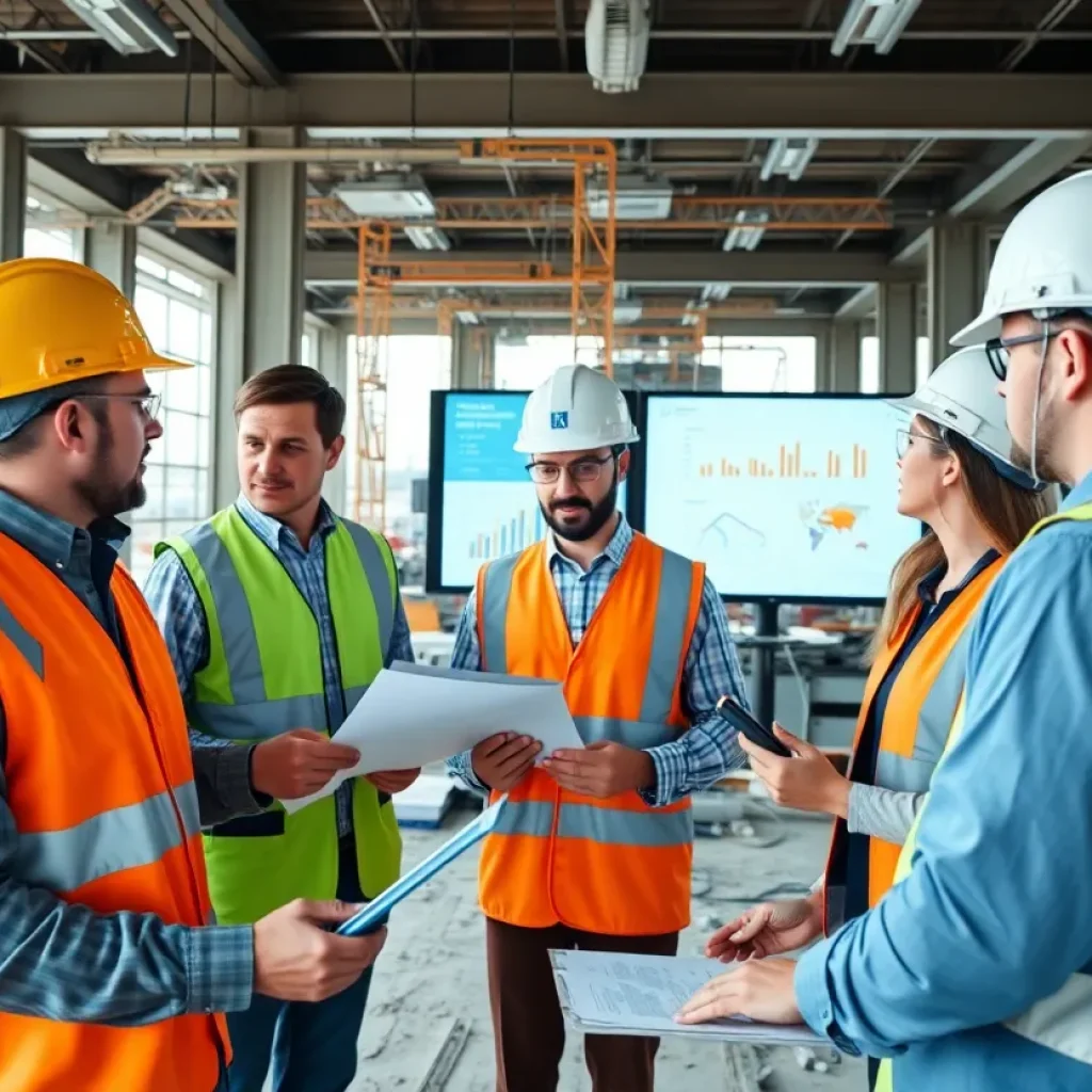 Team collaborating on construction management solutions with digital tools