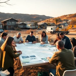 Group of architects and designers reviewing blueprints near a fire-damaged Los Angeles neighborhood with charred hills and construction equipment in the background