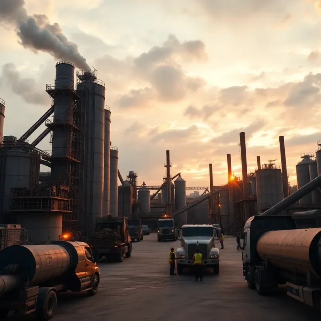 Large cement plant with silos and cranes at dusk