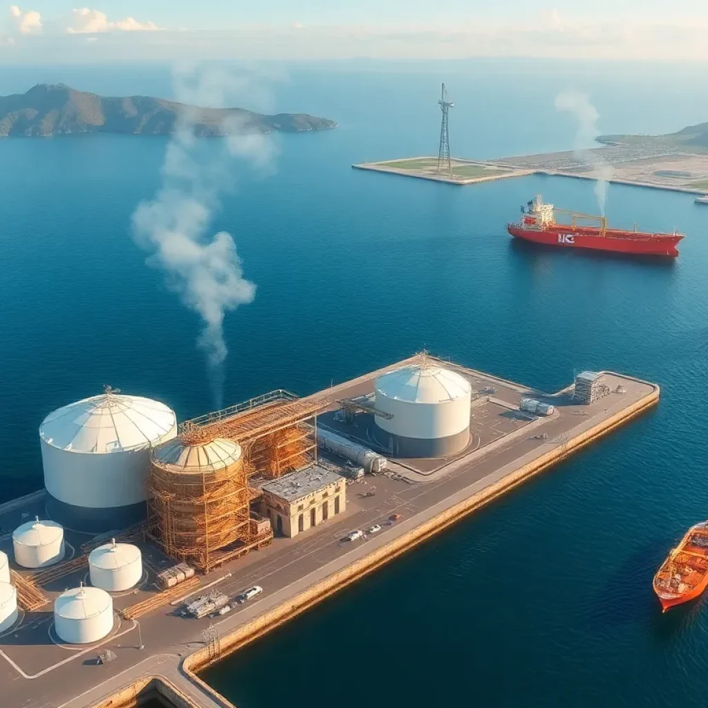 LNG Canada facility with storage tanks and shipping terminal