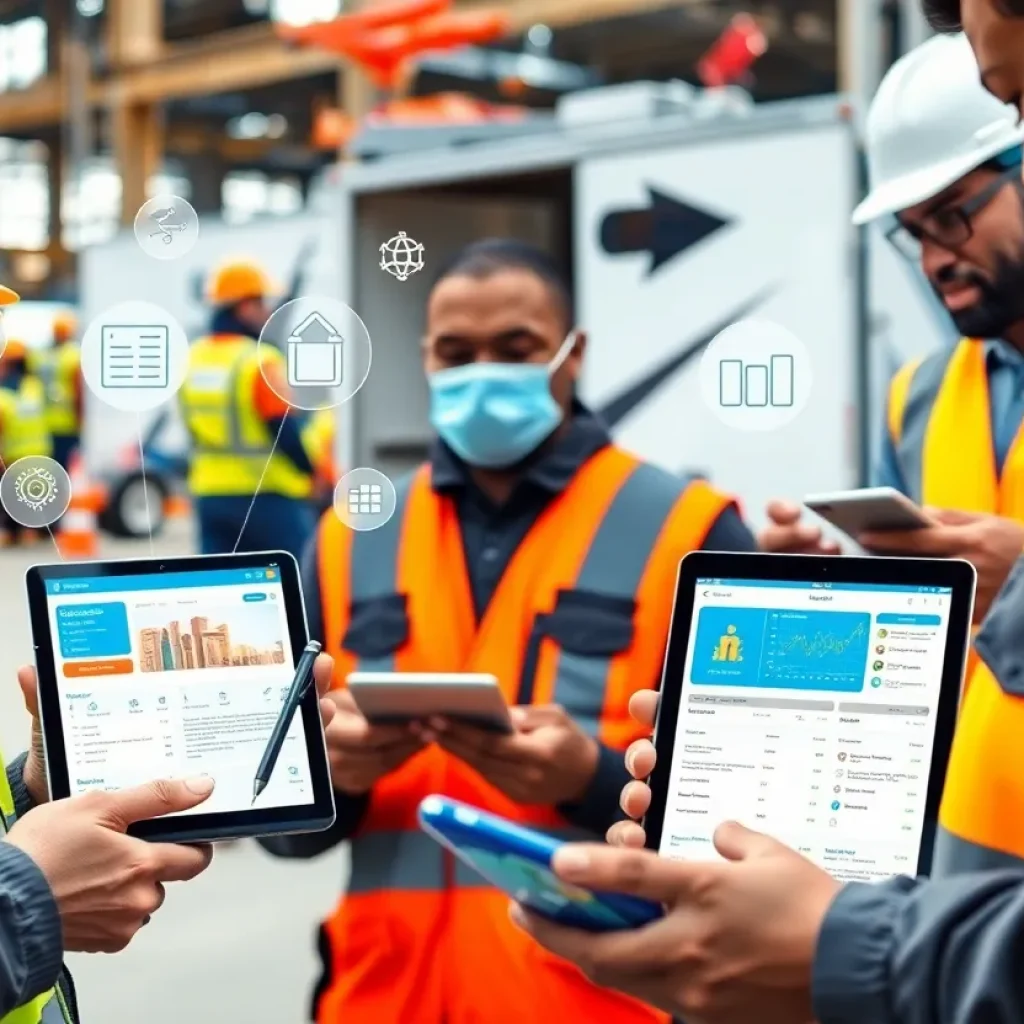 Construction workers using tablets showing a digital credential wallet and AI workforce management dashboard at a job site
