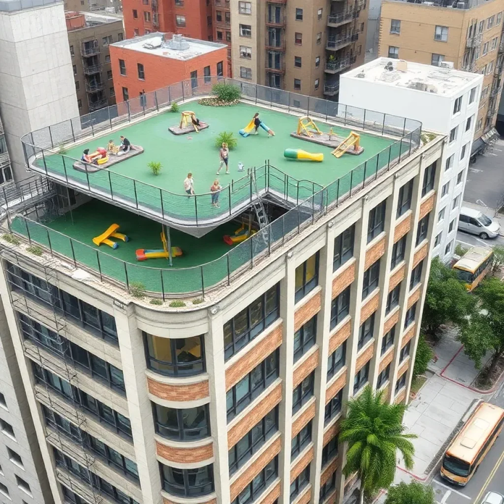 Rendering of Madison at Summit building with rooftop play area and exterior renovations in an urban neighborhood