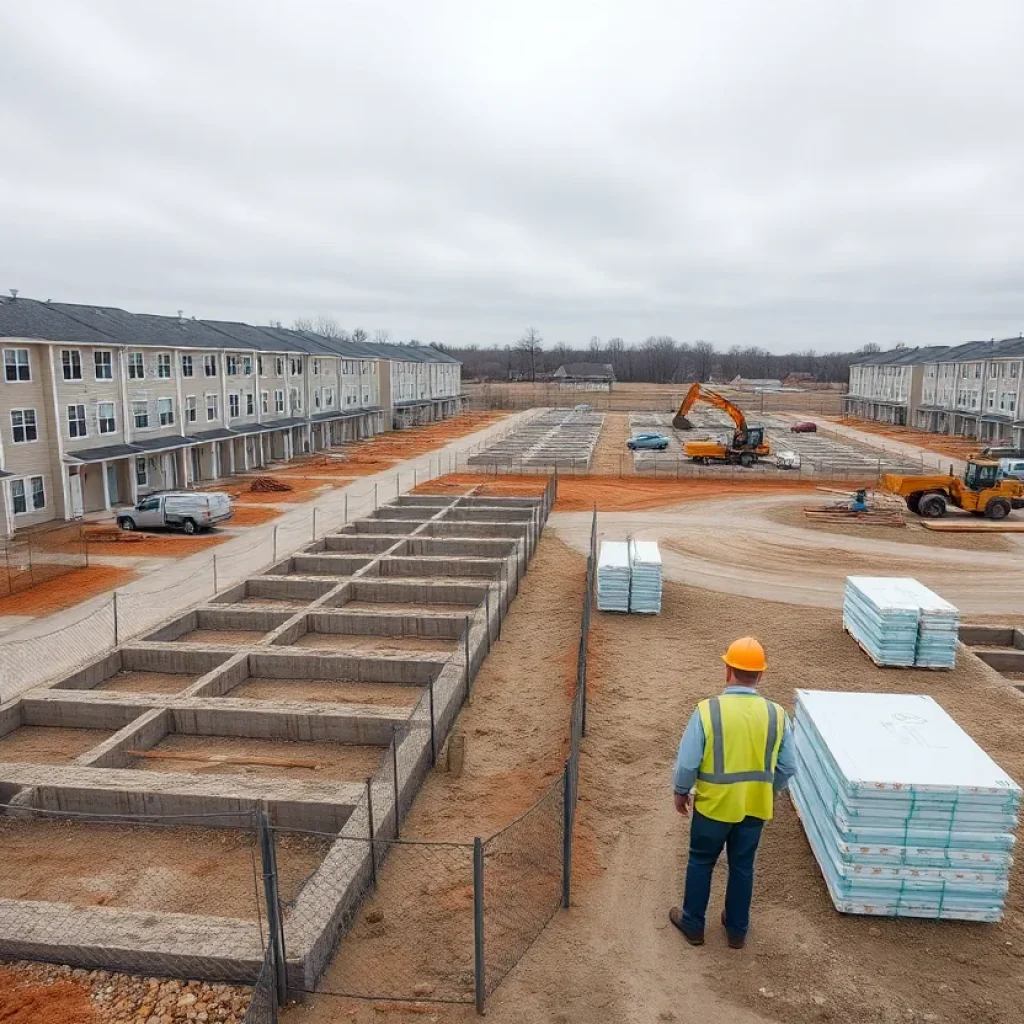 Construction site with foundations and equipment for a planned 48-unit housing development near a township building.