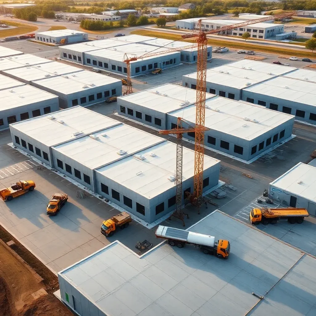 Aerial view of a construction campus with tilt-up concrete panels, cranes and trucks under warm light
