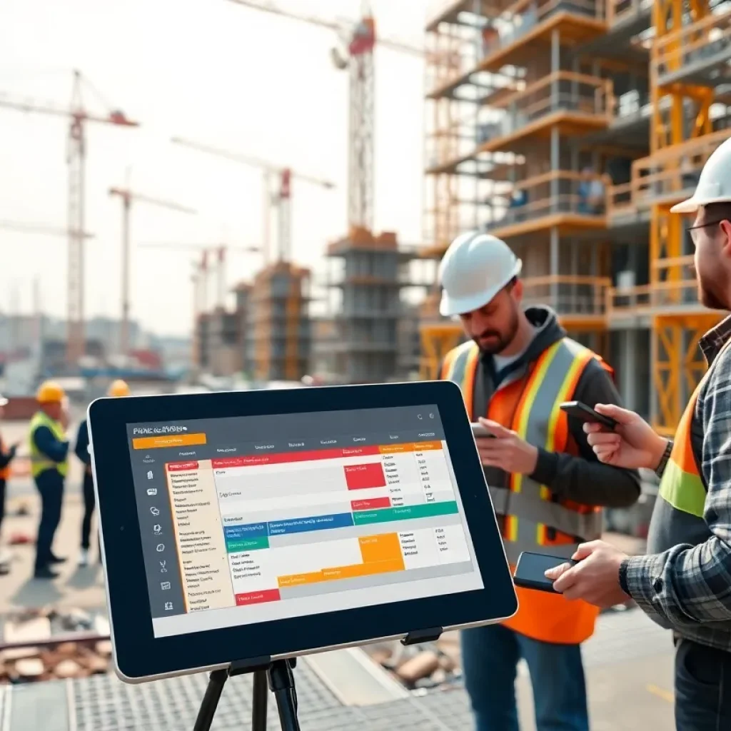 Construction workers viewing a real-time digital schedule on a tablet at a job site