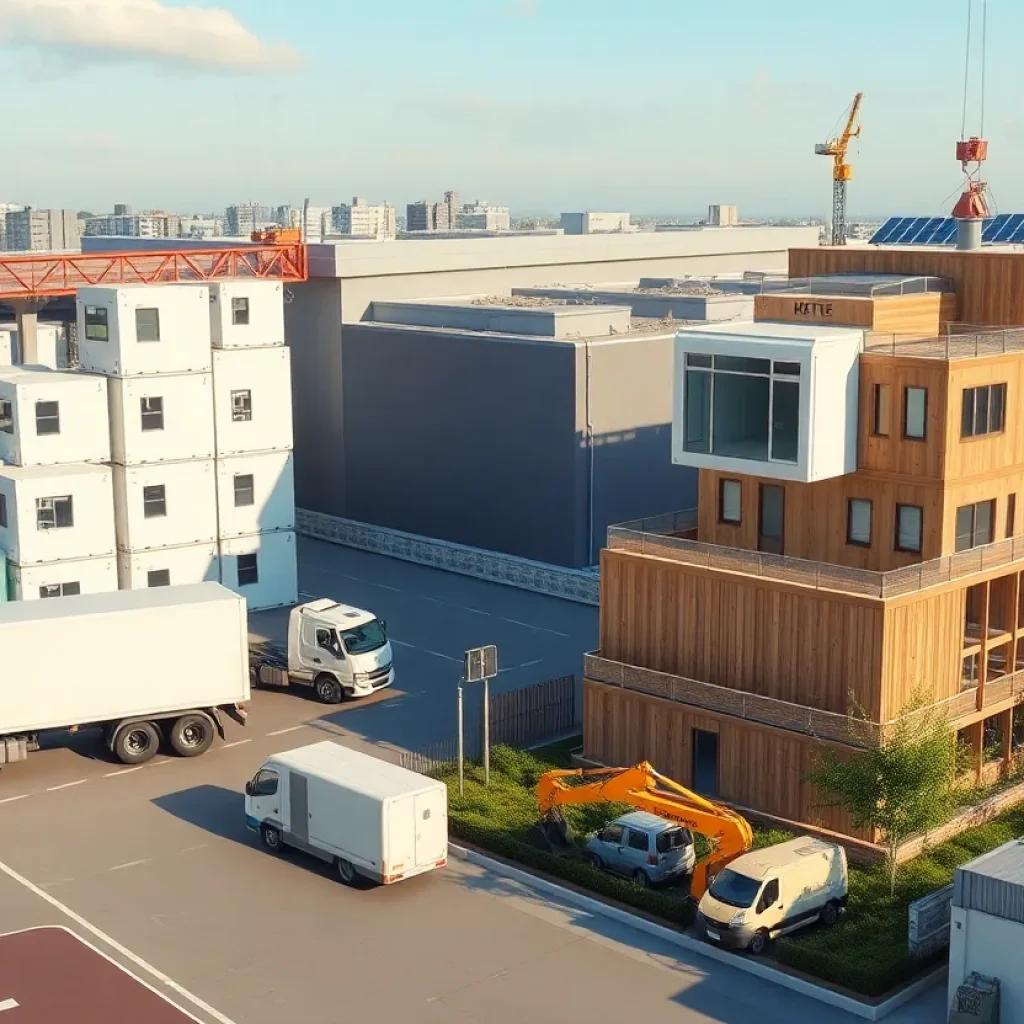 Stacked modular building units being loaded at a factory and an urban site where electric machinery installs a module near a solar‑topped mixed‑use building.