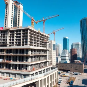 Construction site of a dual-branded mid-rise hotel near a corporate campus in Nashville's East Bank