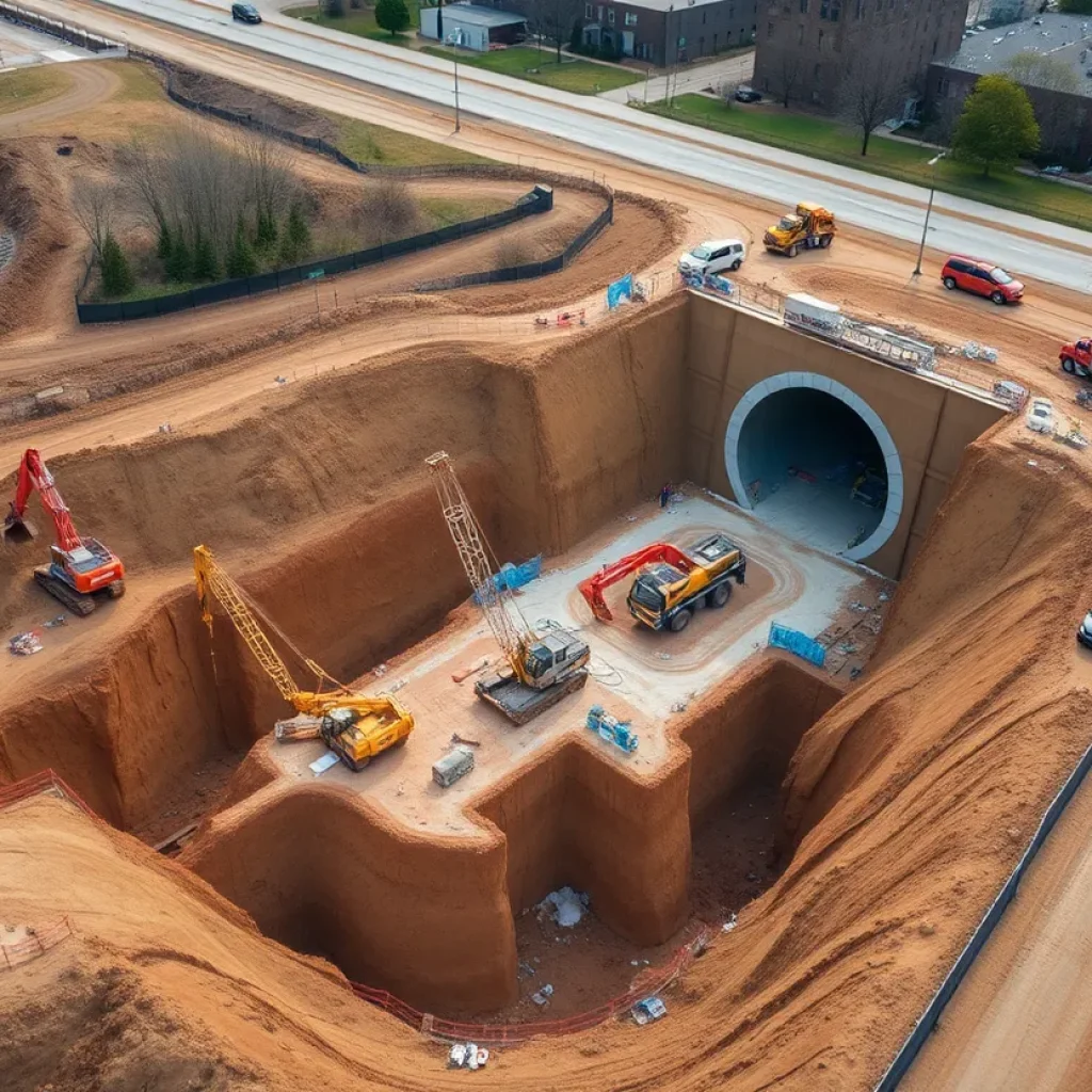 Excavation site for Nashville's high-speed tunnel project with construction equipment.