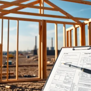 New home framing at a construction site with blueprints on a clipboard in the foreground and an industrial plant visible in the distance.