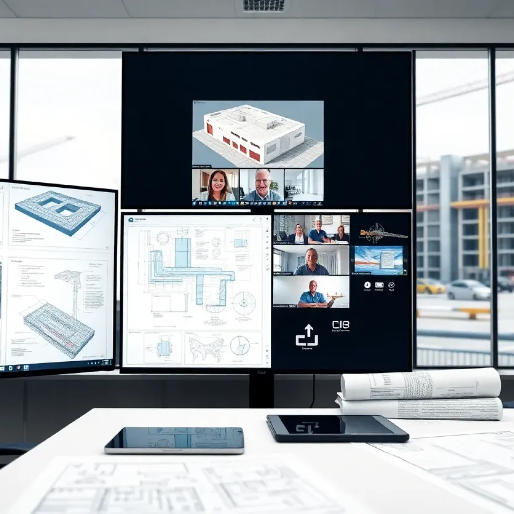 Engineers collaborating over BIM models and construction plans on multiple screens with a construction site in the background