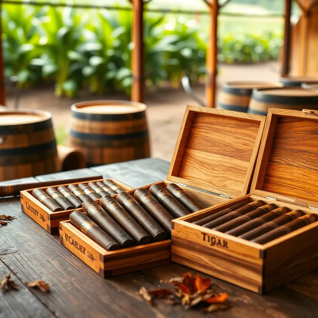 Assortment of Perdomo Legacy cigars in open wooden boxes with tobacco leaves and bourbon barrels in the background