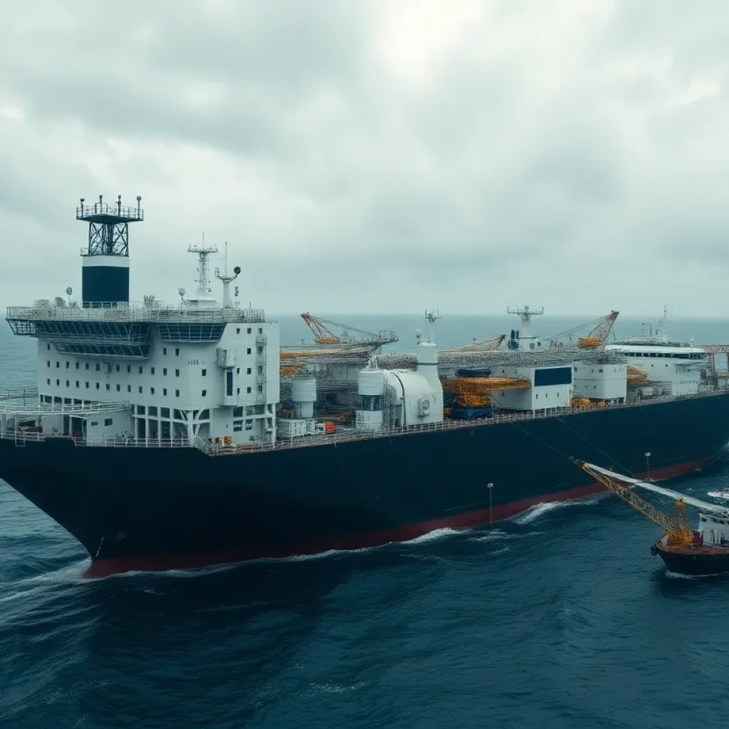 Aerial view of the Peregrino FPSO moored offshore with support vessels and a floating crane lifting modular equipment