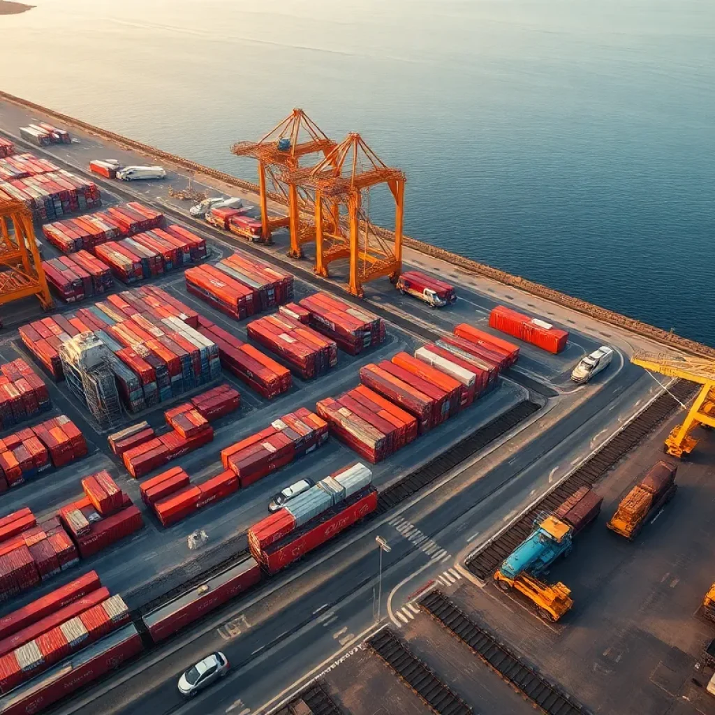 Aerial view of Port of Long Beach Pier B rail yard expansion with cranes, containers and construction activity