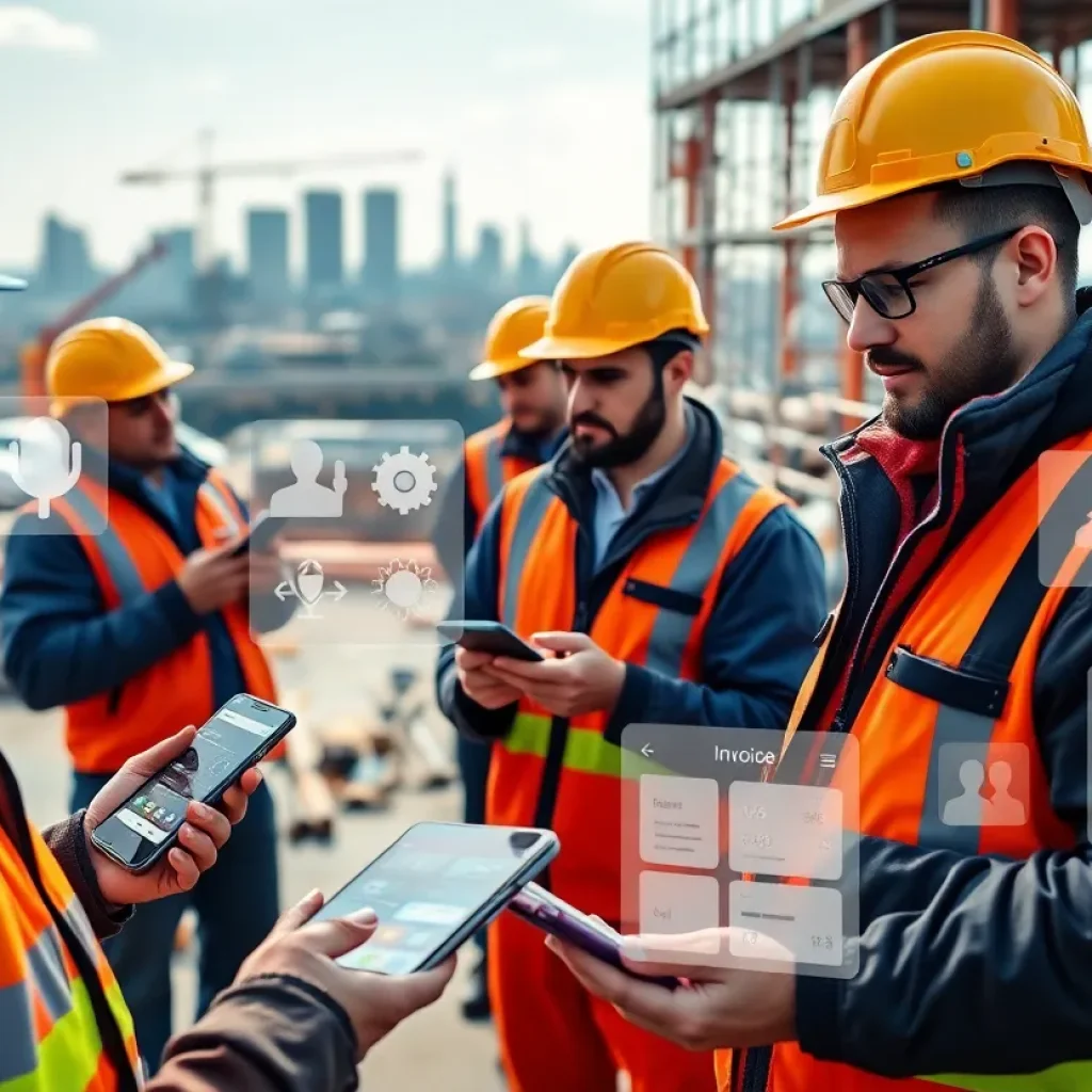 Construction site with tradespeople using mobile devices showing AI-enabled app overlays and digital plans