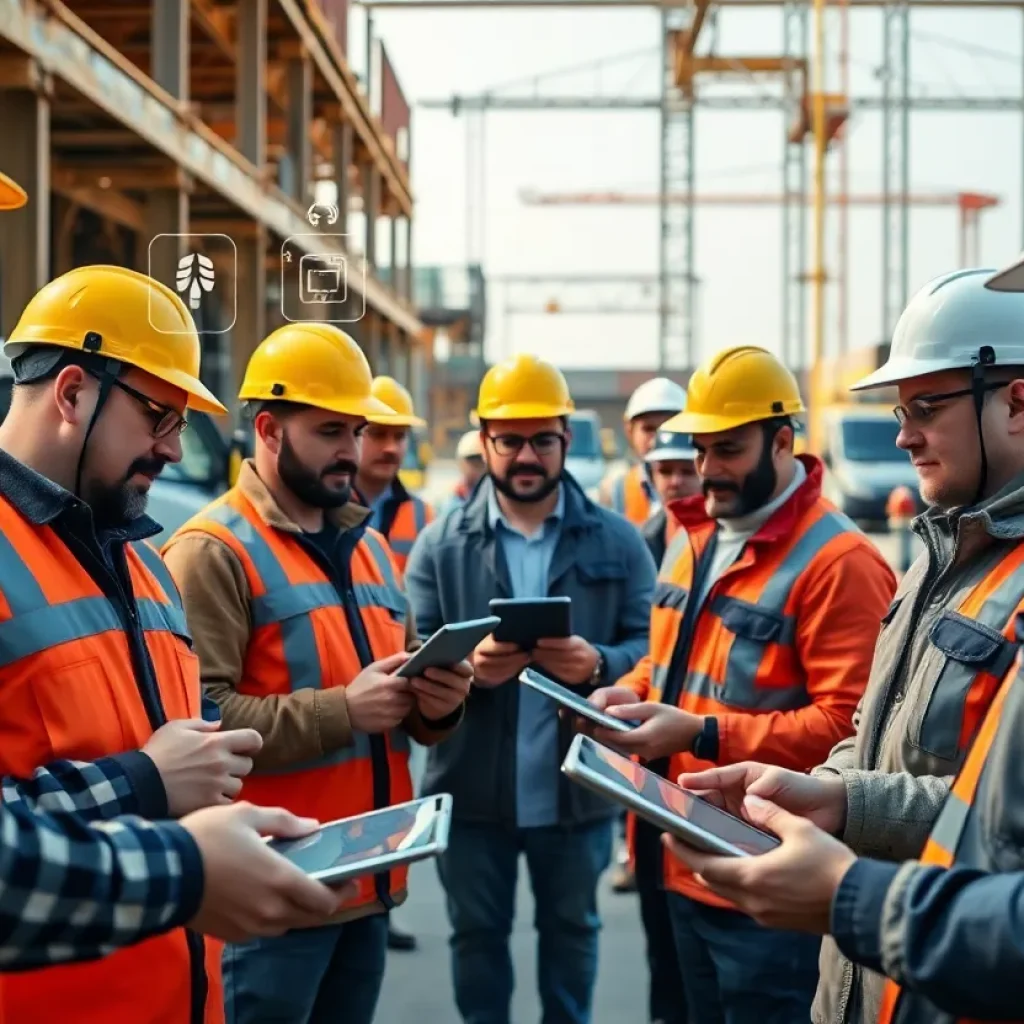 Tradespeople using voice-enabled devices and tablets on a construction site with digital overlays