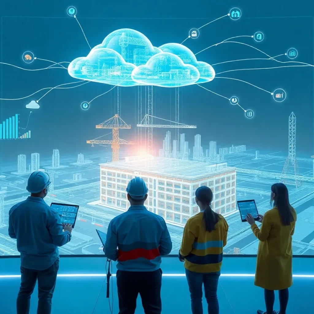 Digital dashboard showing cloud-based 3D BIM models, data flows and predictive analytics for construction collaboration