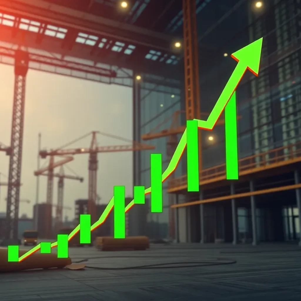 Rising stock chart with upward arrow and construction cranes in the background representing Procore stock rally