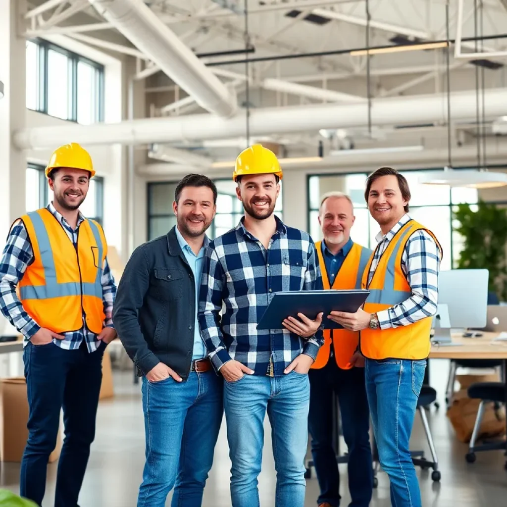 Team working in a modern construction technology office